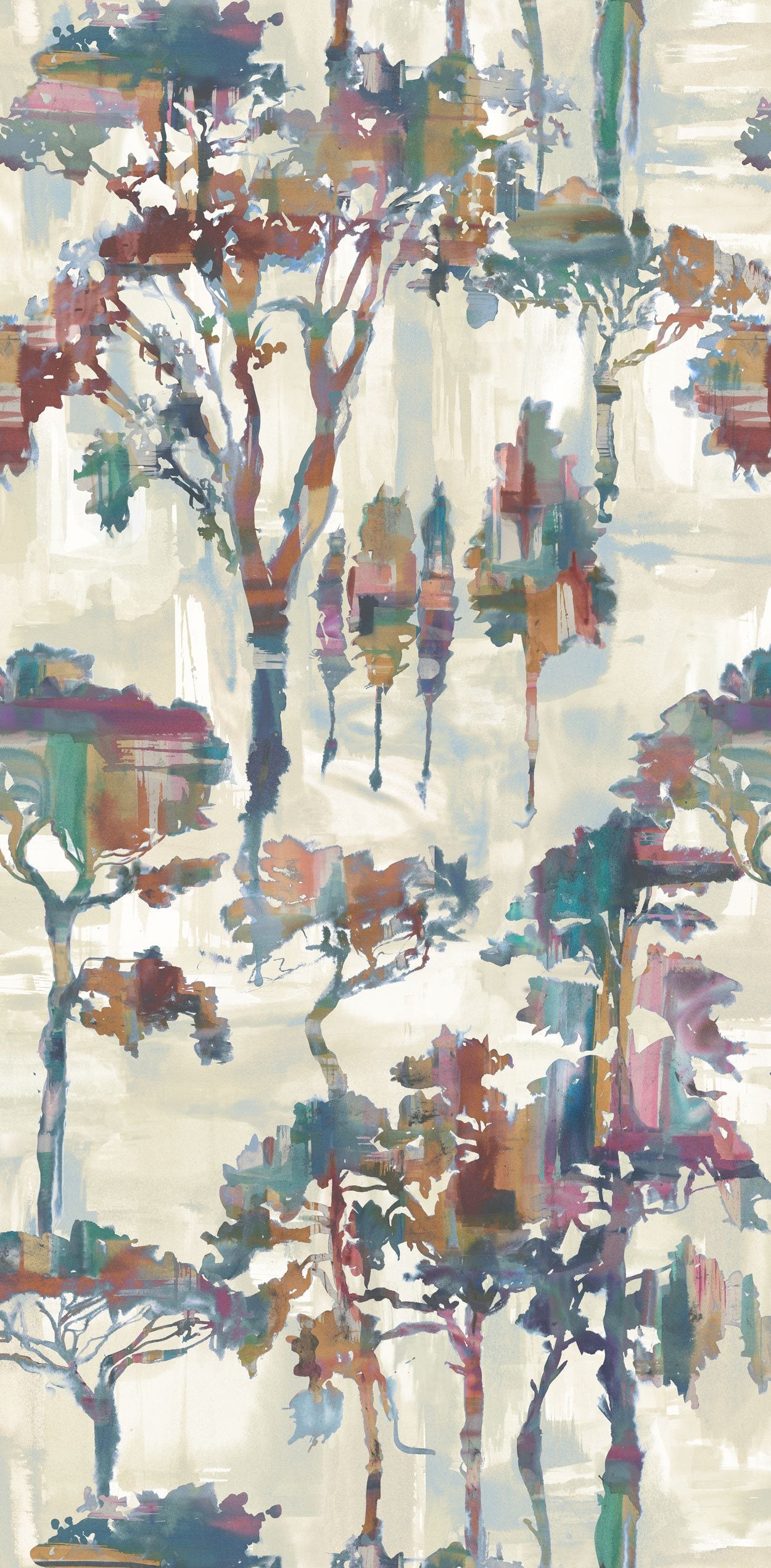 Detail of fabric in a painterly tree print in shades of purple, green and red on a cream field.