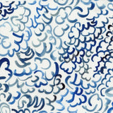 Fabric in a painterly repeating cloud print in shades of blue and navy on a white field.