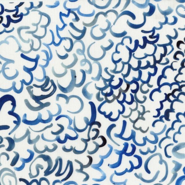 Fabric in a painterly repeating cloud print in shades of blue and navy on a white field.