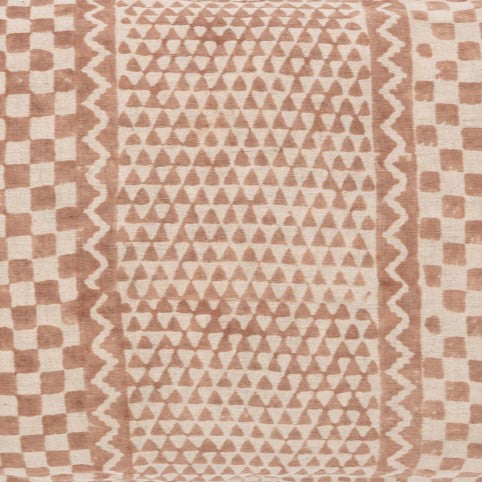 Detail of an mixed motif checkerboard pattern in dusty brown on natural linen