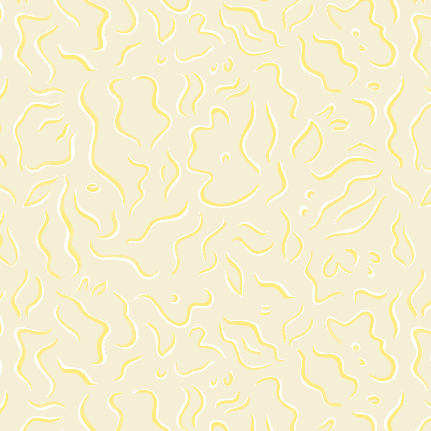 Detail of wallpaper in a painterly botanical print in yellow and white on a tan field.