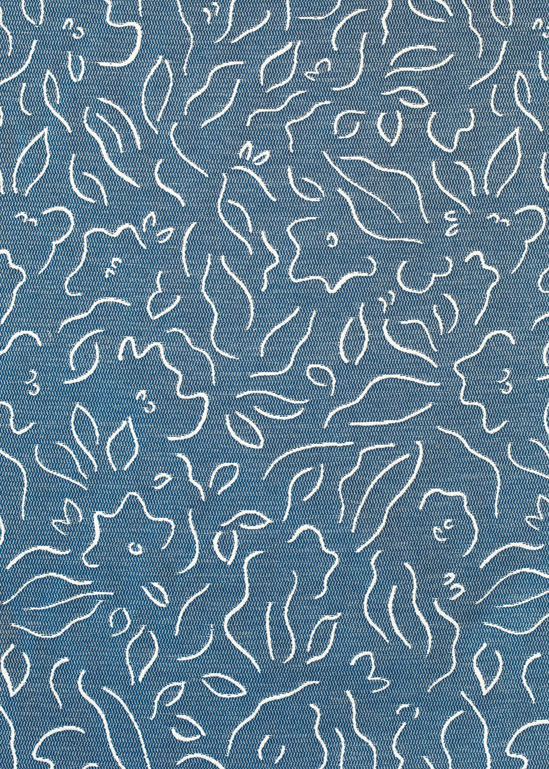 Detail of fabric in a minimalist floral print in cream on a navy field.