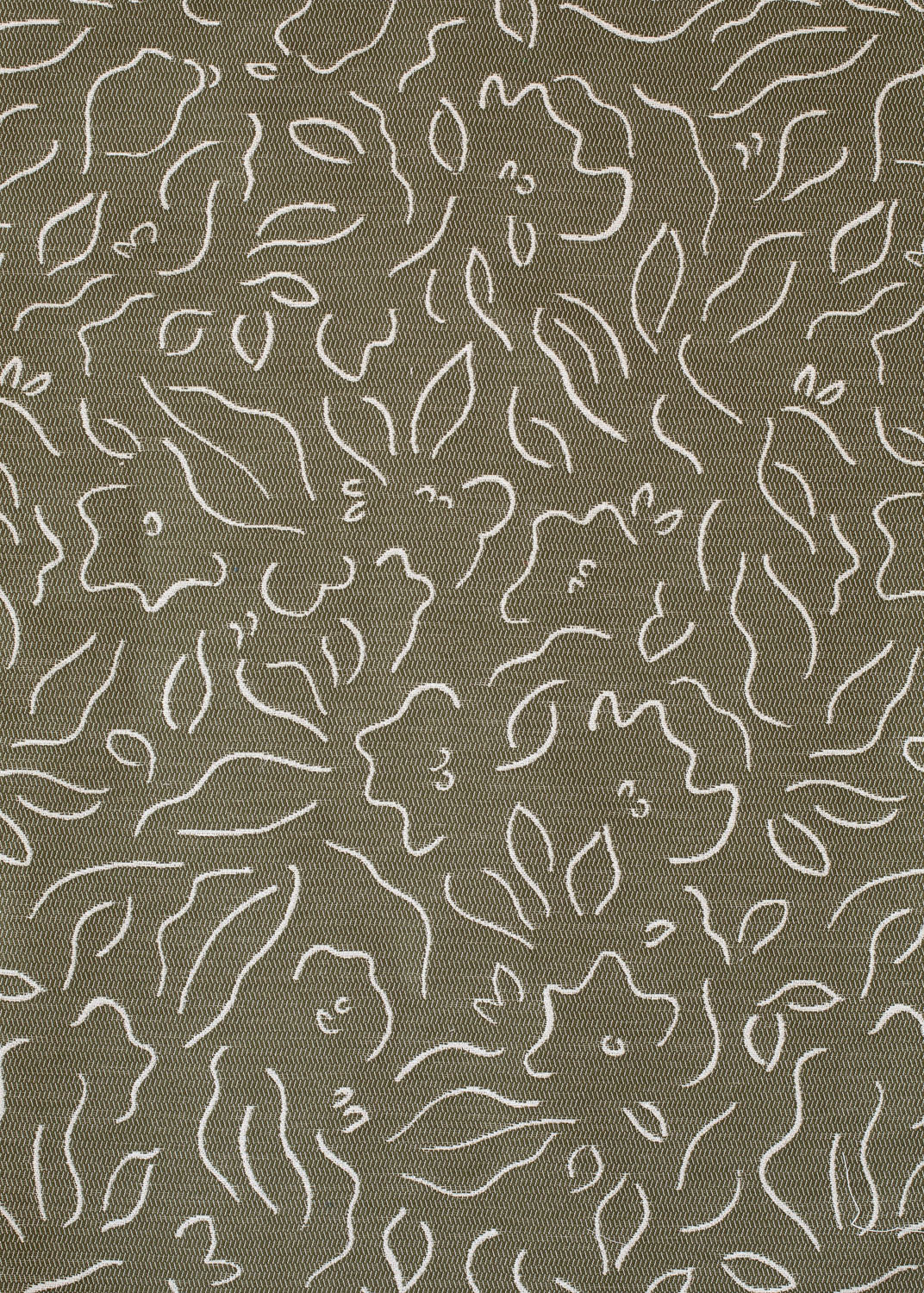 Detail of fabric in a minimalist floral print in cream on an olive field.