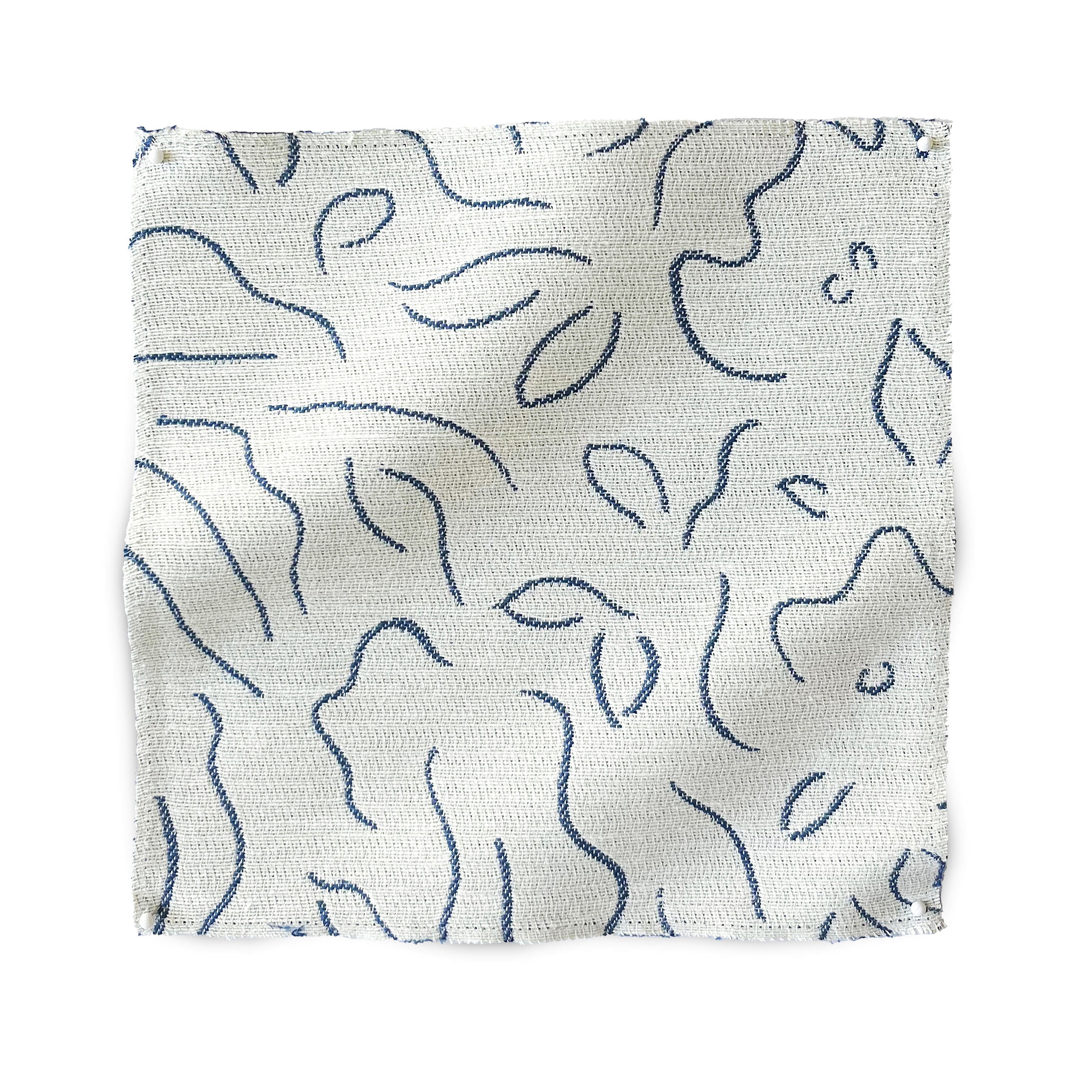 Square fabric swatch in a minimalist floral print in navy on a cream field.
