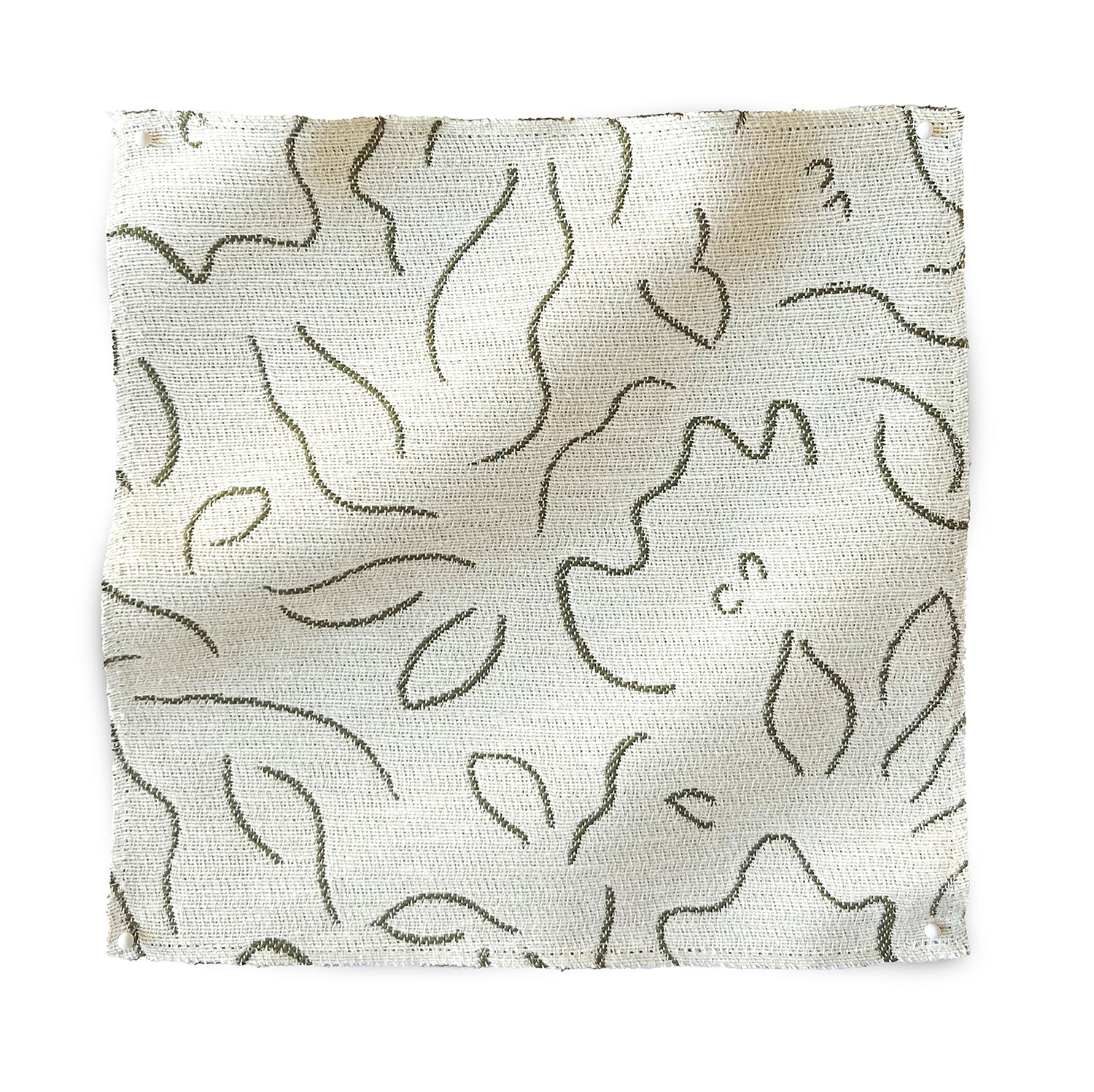 Square fabric swatch in a minimalist floral print in olive on a cream field.