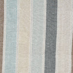 Detail of fabric in a global stripe print in shades of blue, tan, gray and brown.