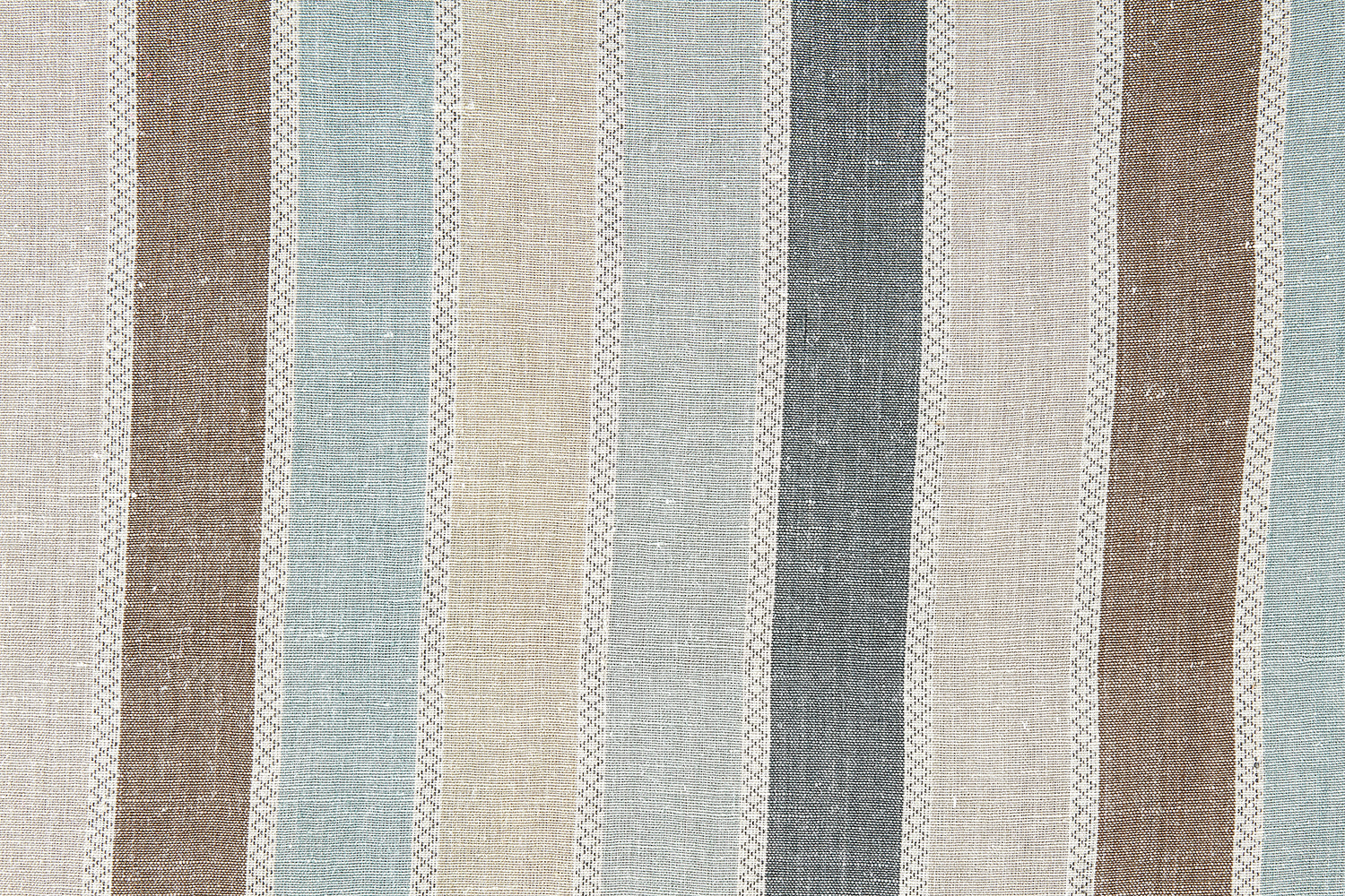 Detail of fabric in a global stripe print in shades of blue, tan, gray and brown.