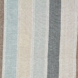 Detail of fabric in a global stripe print in shades of blue, tan, gray and brown.