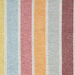 Detail of fabric in a global stripe print in shades of orange, yellow, pink and blue.