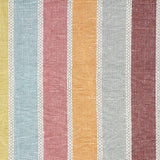 Detail of fabric in a global stripe print in shades of orange, yellow, pink and blue.