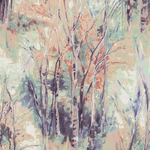 Detail of fabric in a painterly tree print in mottled pastels.