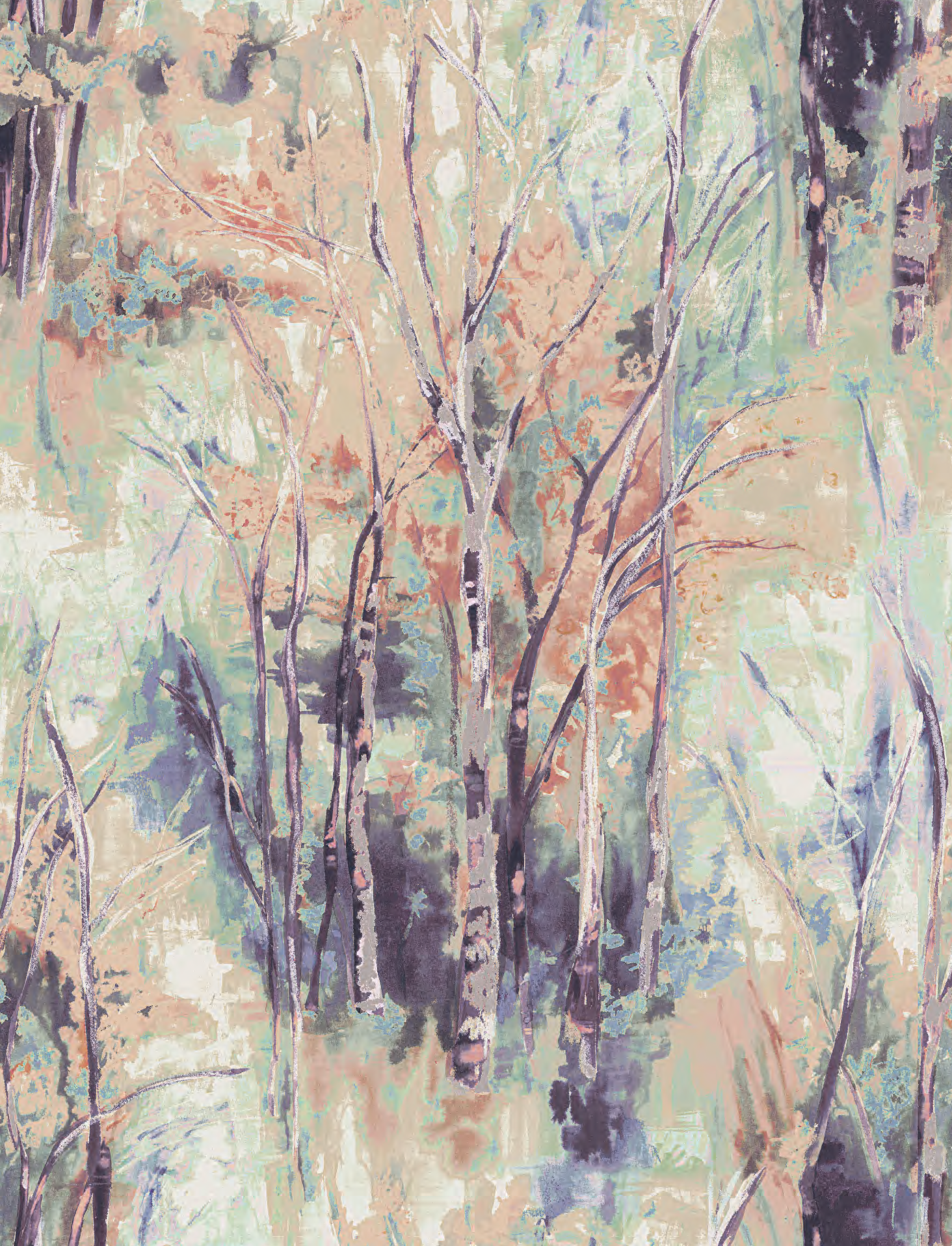 Detail of fabric in a painterly tree print in mottled pastels.