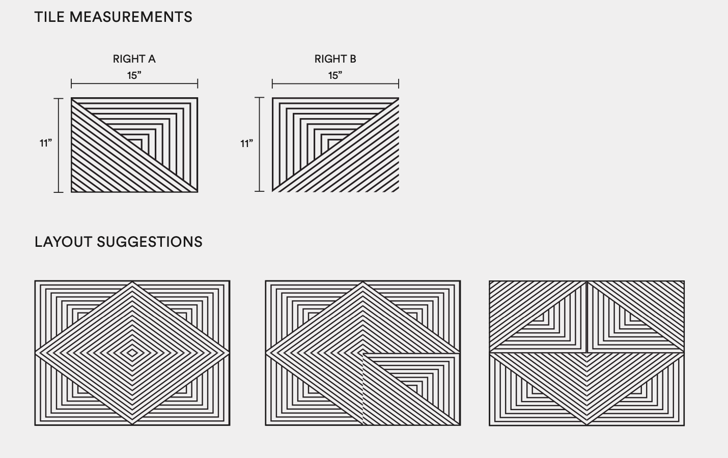 An digram showing the dimensions and layouts of the Slanted Hill leather tiles.