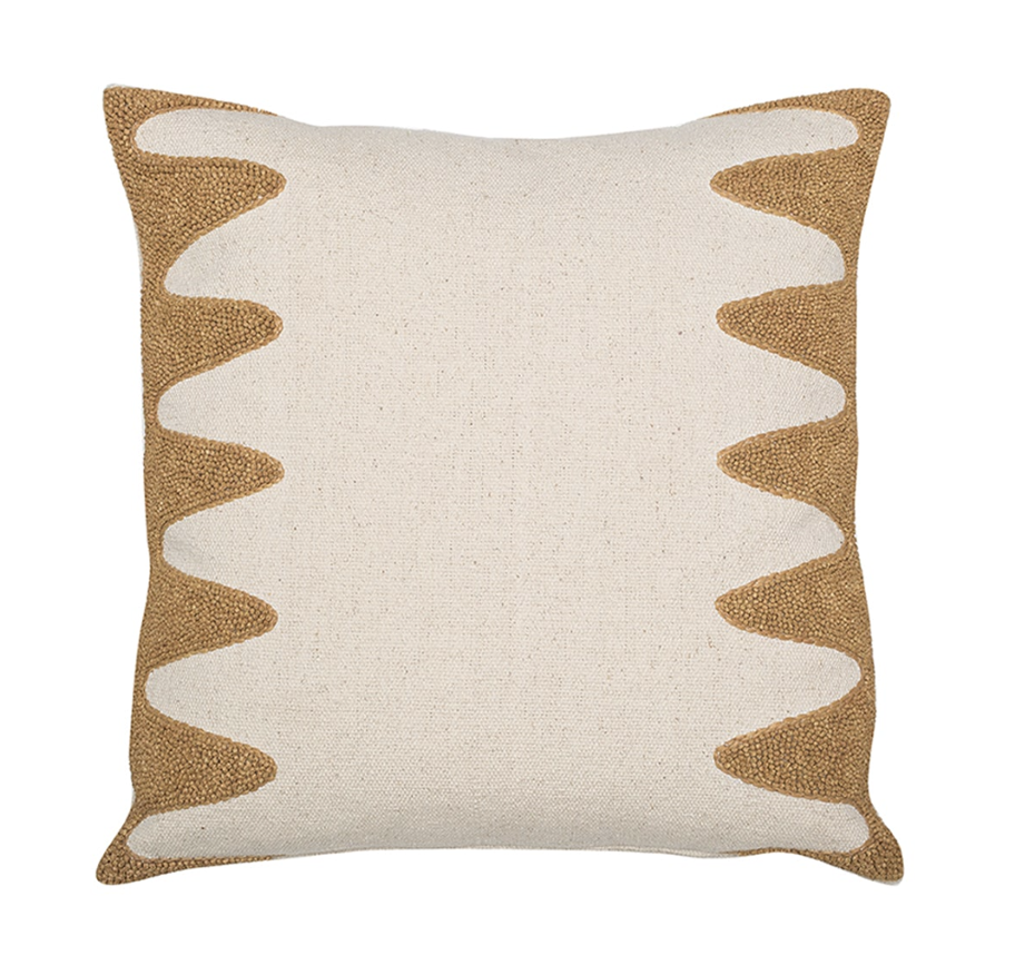 Wave Pillow by Vanderhurd, an oatmeal fabric with a curvy embroidered border in ochre color thread at the left and right edges.