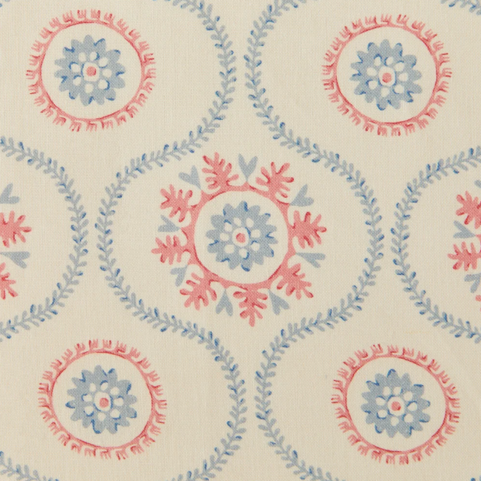 Detail of a handpainted vine pattern with blue and red coral like motifs.