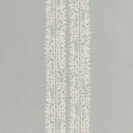 Detail of a linen fabric in a scrolling floral stripe pattern in cream on a light blue-gray field.