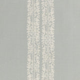 Detail of a linen fabric in a scrolling floral stripe pattern in cream on a light blue-gray field.