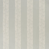 printed linen fabric in a scrolling floral stripe pattern in cream on a light blue-gray field.