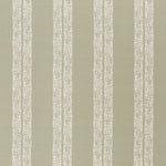 printed linen fabric in a scrolling floral stripe pattern in cream on a light sage field.