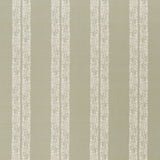 printed linen fabric in a scrolling floral stripe pattern in cream on a light sage field.