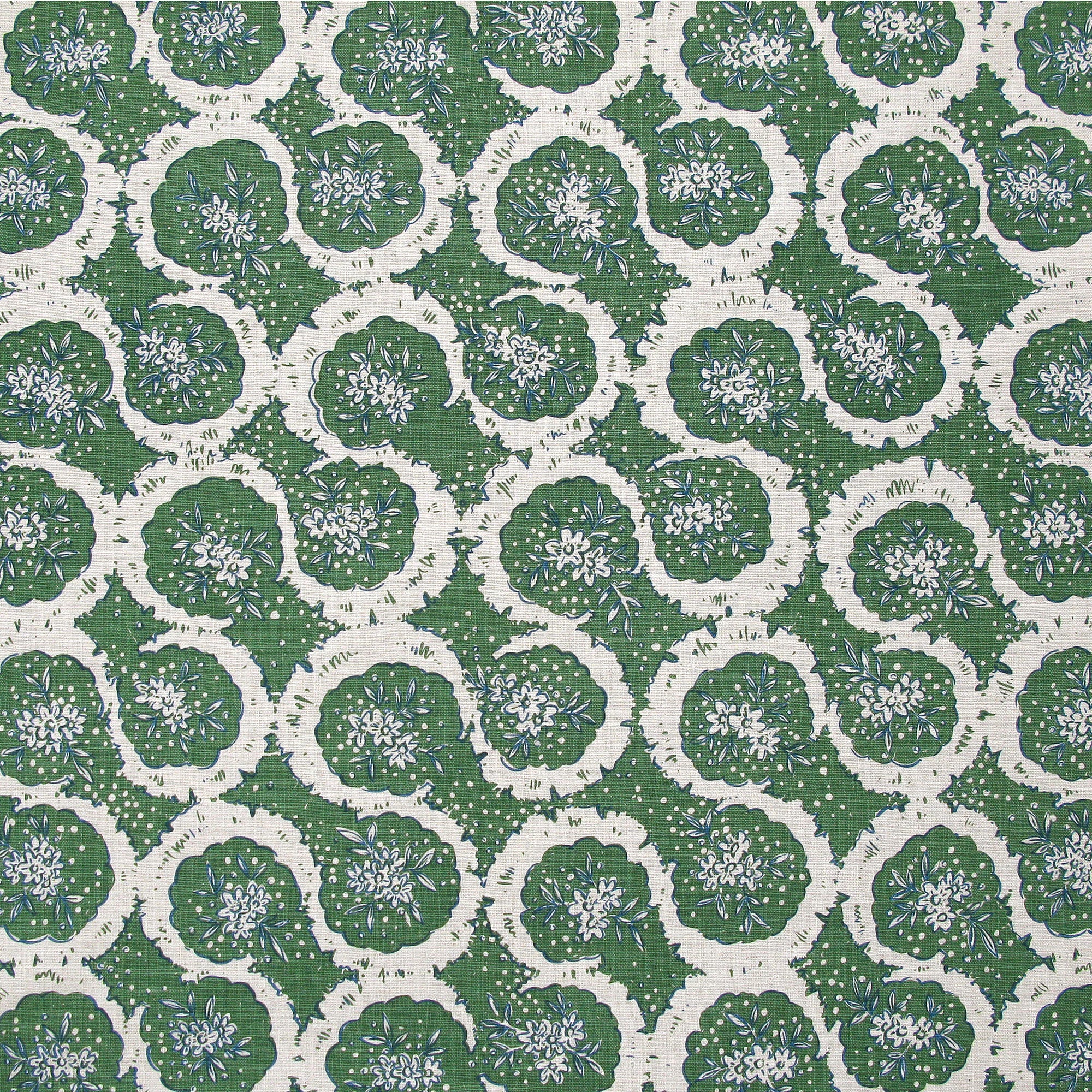 Detail of fabric in a meandering floral grid print in white and dark green on a green field.