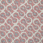 Detail of fabric in a meandering floral grid print in cream and navy on a light pink field.