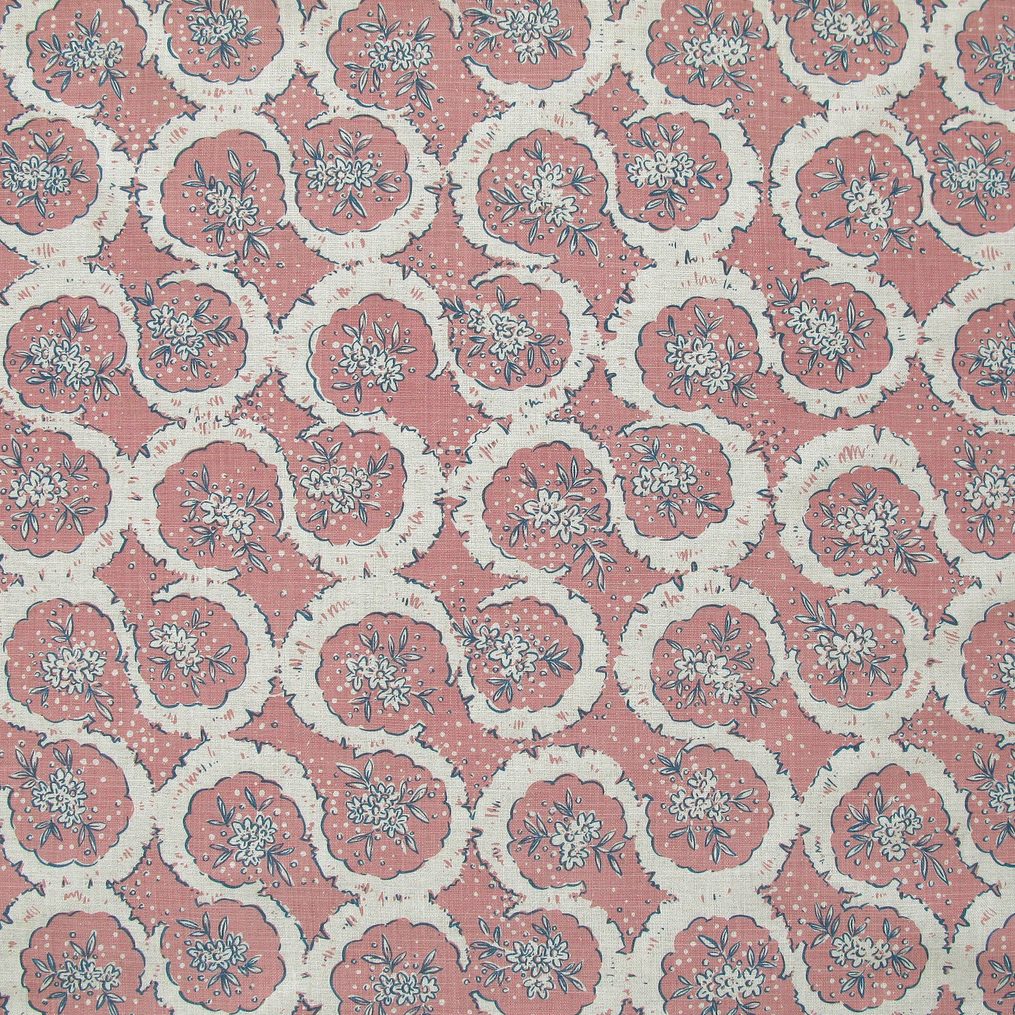 Detail of fabric in a meandering floral grid print in cream and navy on a light pink field.