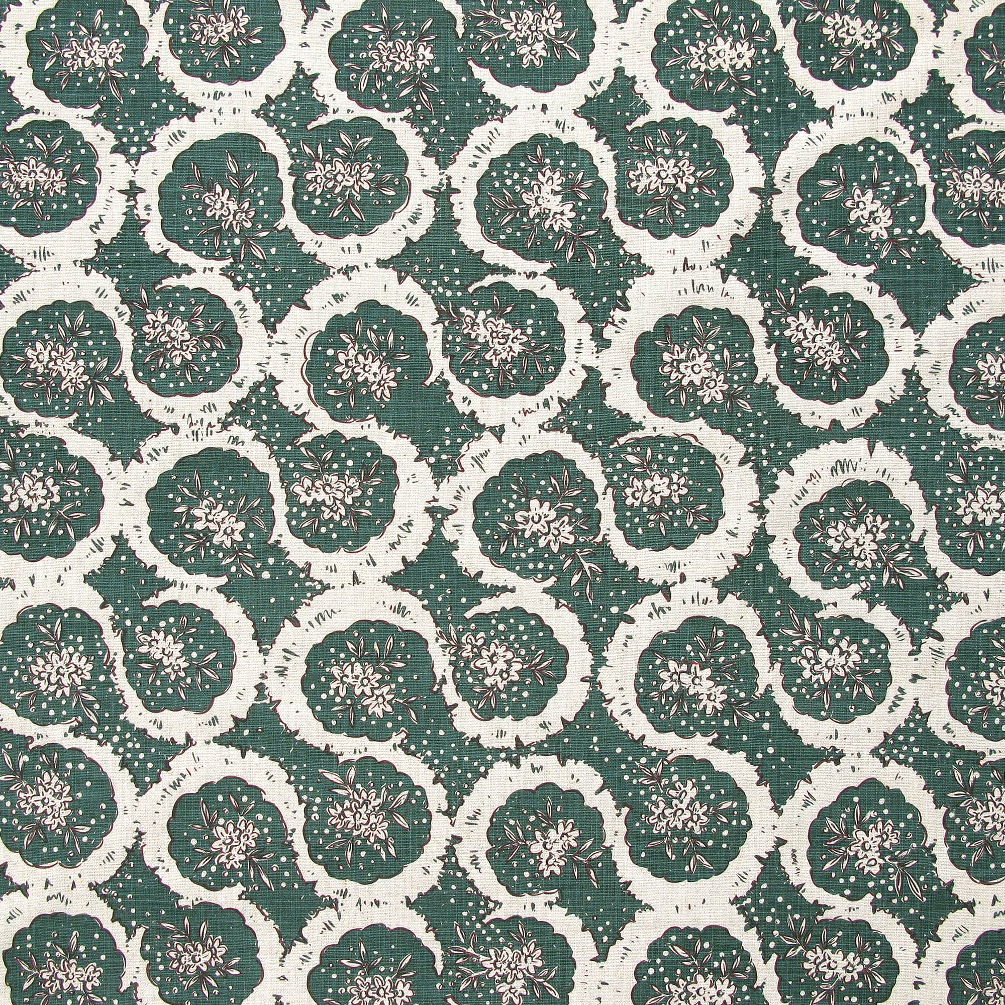 Detail of fabric in a meandering floral grid print in white and brown on a dark green field.