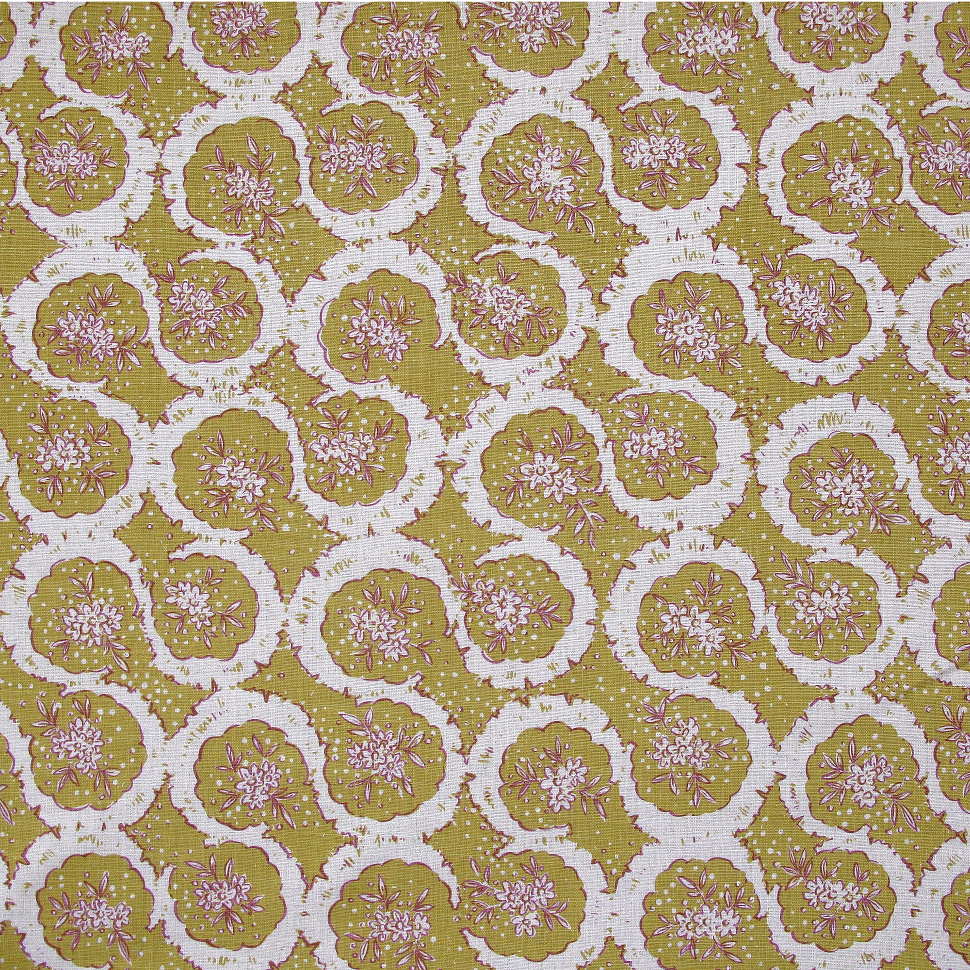 Detail of fabric in a meandering floral grid print in white and pink on a mustard field.