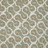 Detail of fabric in a meandering floral grid print in white and brown on a light green field.