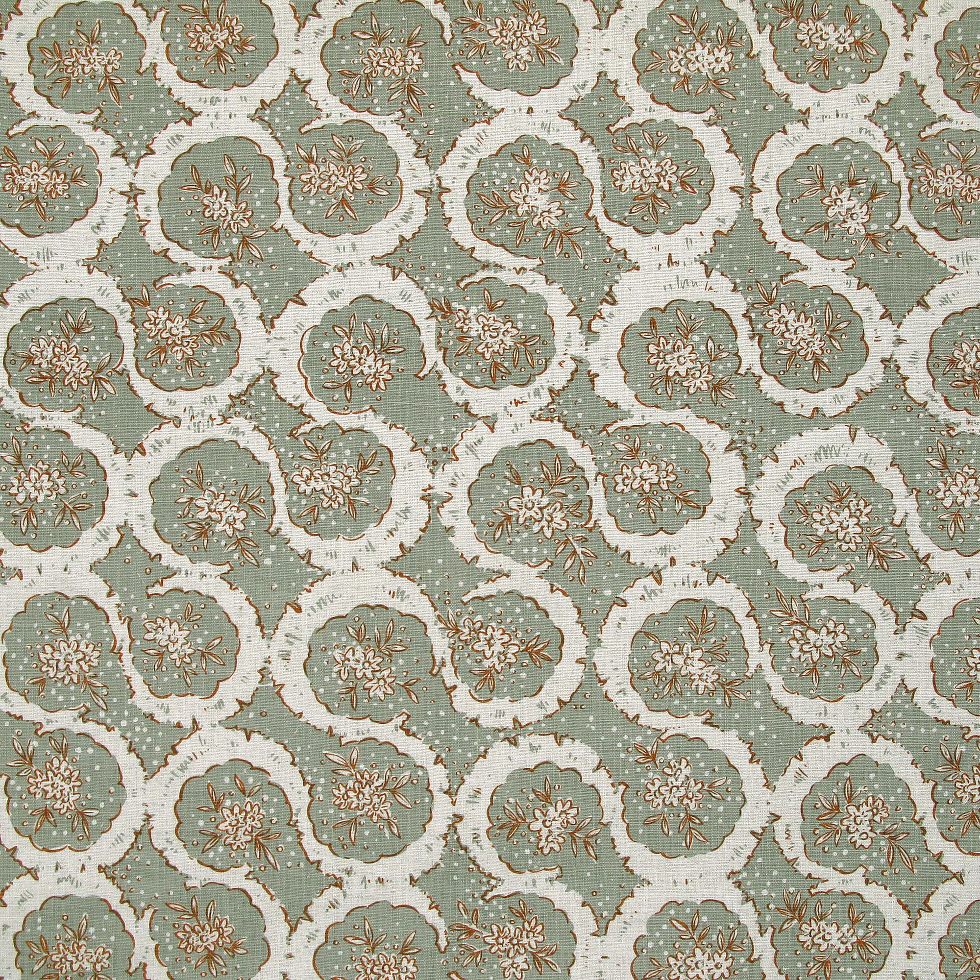 Detail of fabric in a meandering floral grid print in white and brown on a light green field.