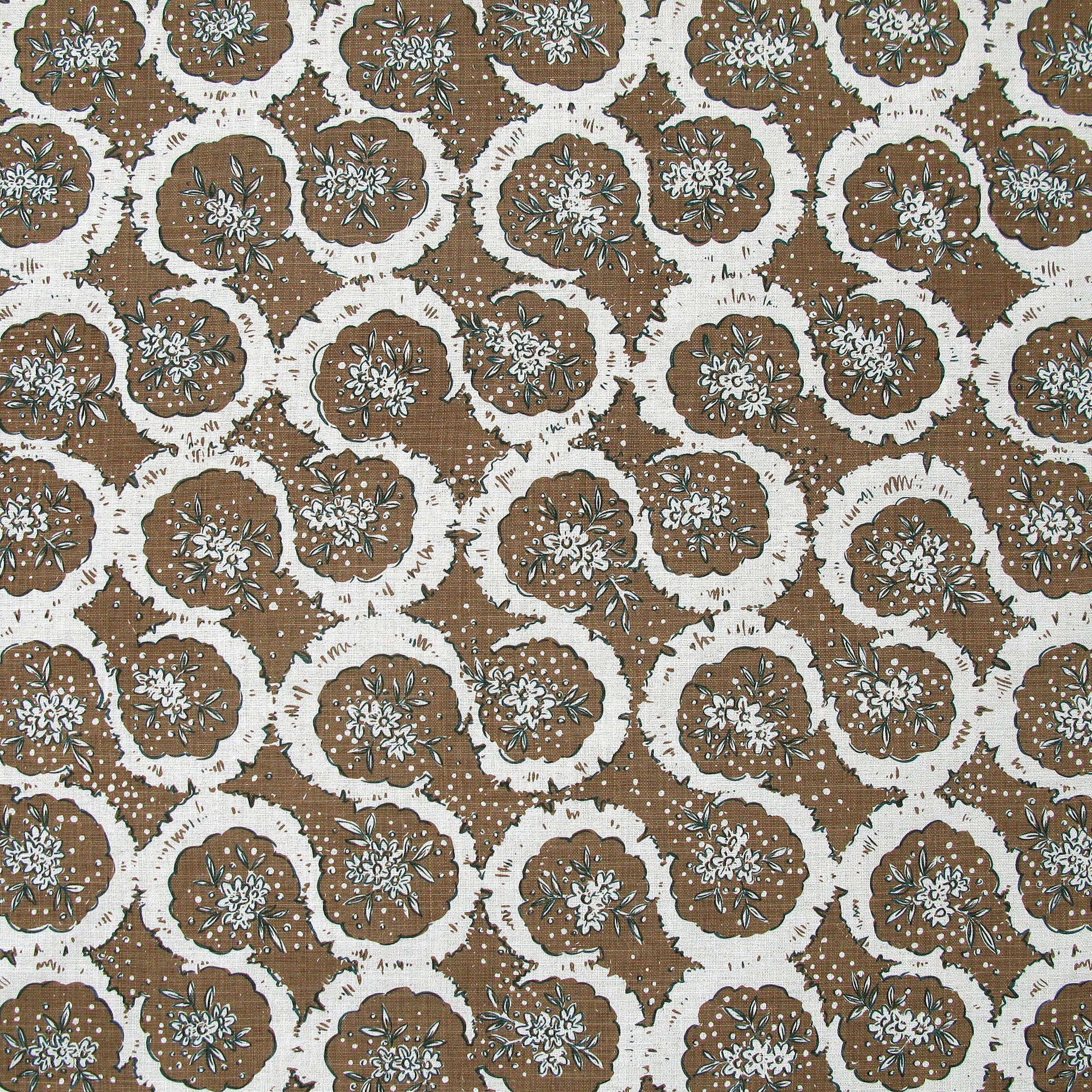 Detail of fabric in a meandering floral grid print in white and dark green on a brown field.