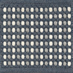 Textured woven outdoor carpet a dashed stripe in white, grey and navy blue.