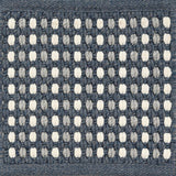 Textured woven outdoor carpet a dashed stripe in white, grey and navy blue.