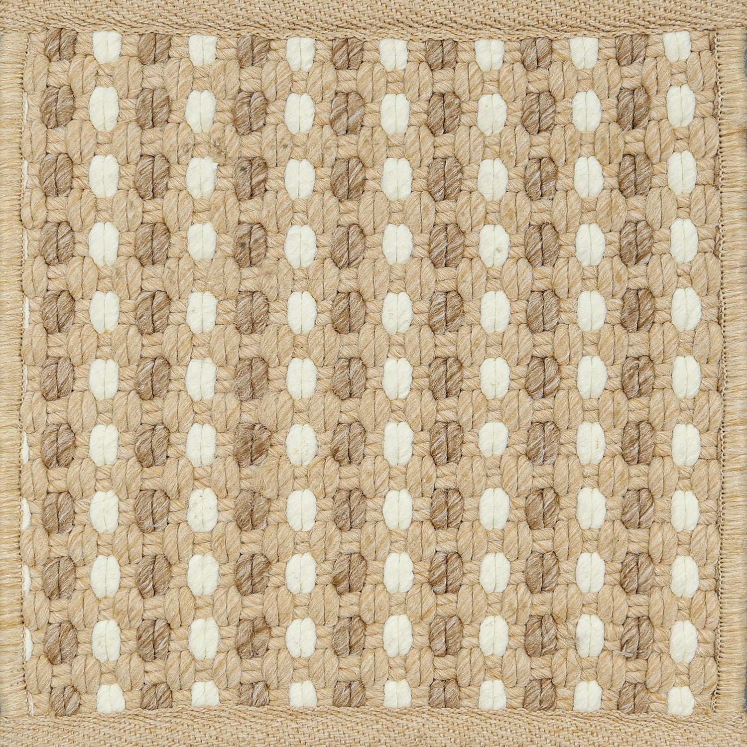 Textured woven outdoor carpet a dashed stripe in white, brown and tan.