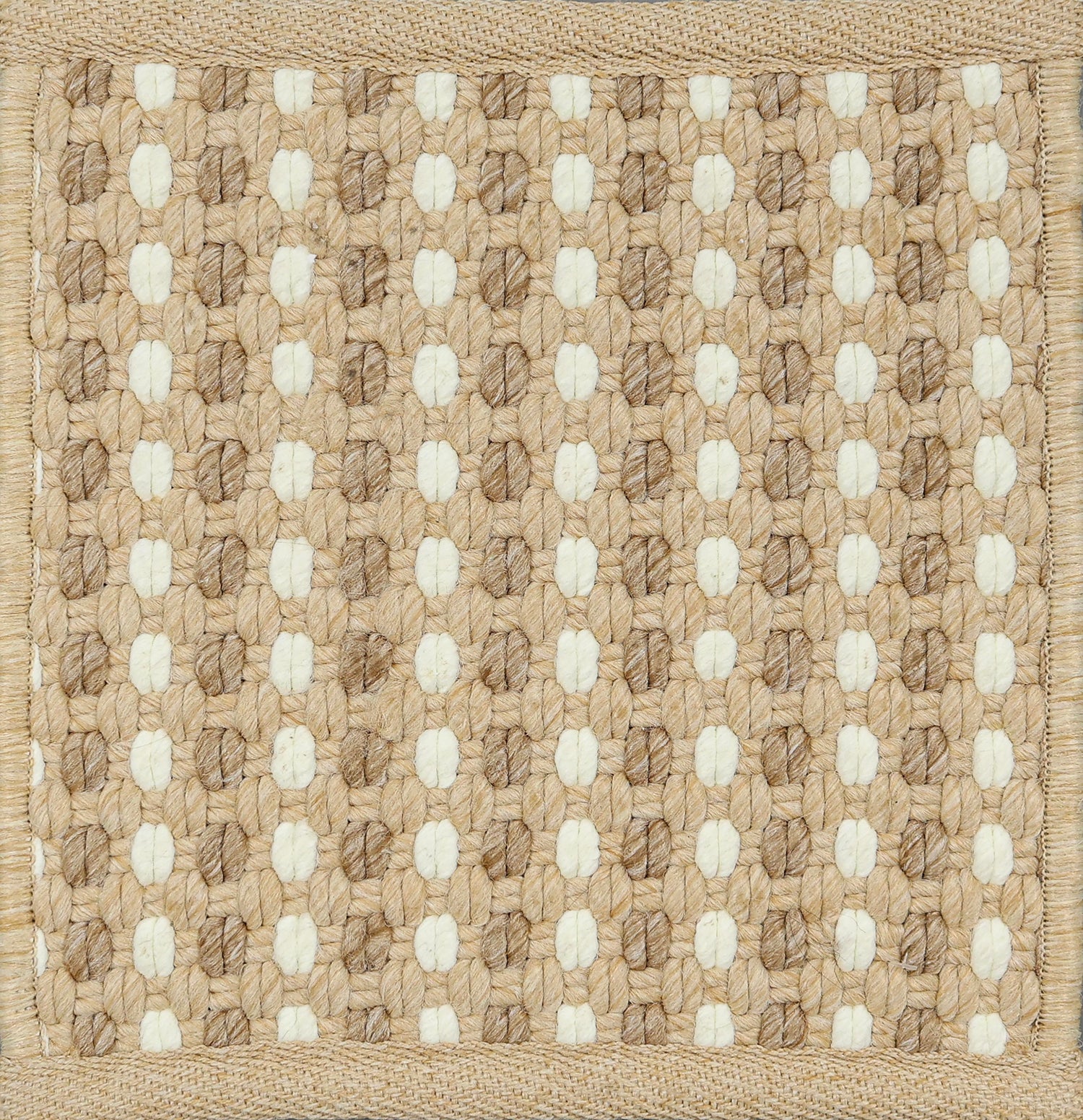 Textured woven outdoor carpet a dashed stripe in white, brown and tan.