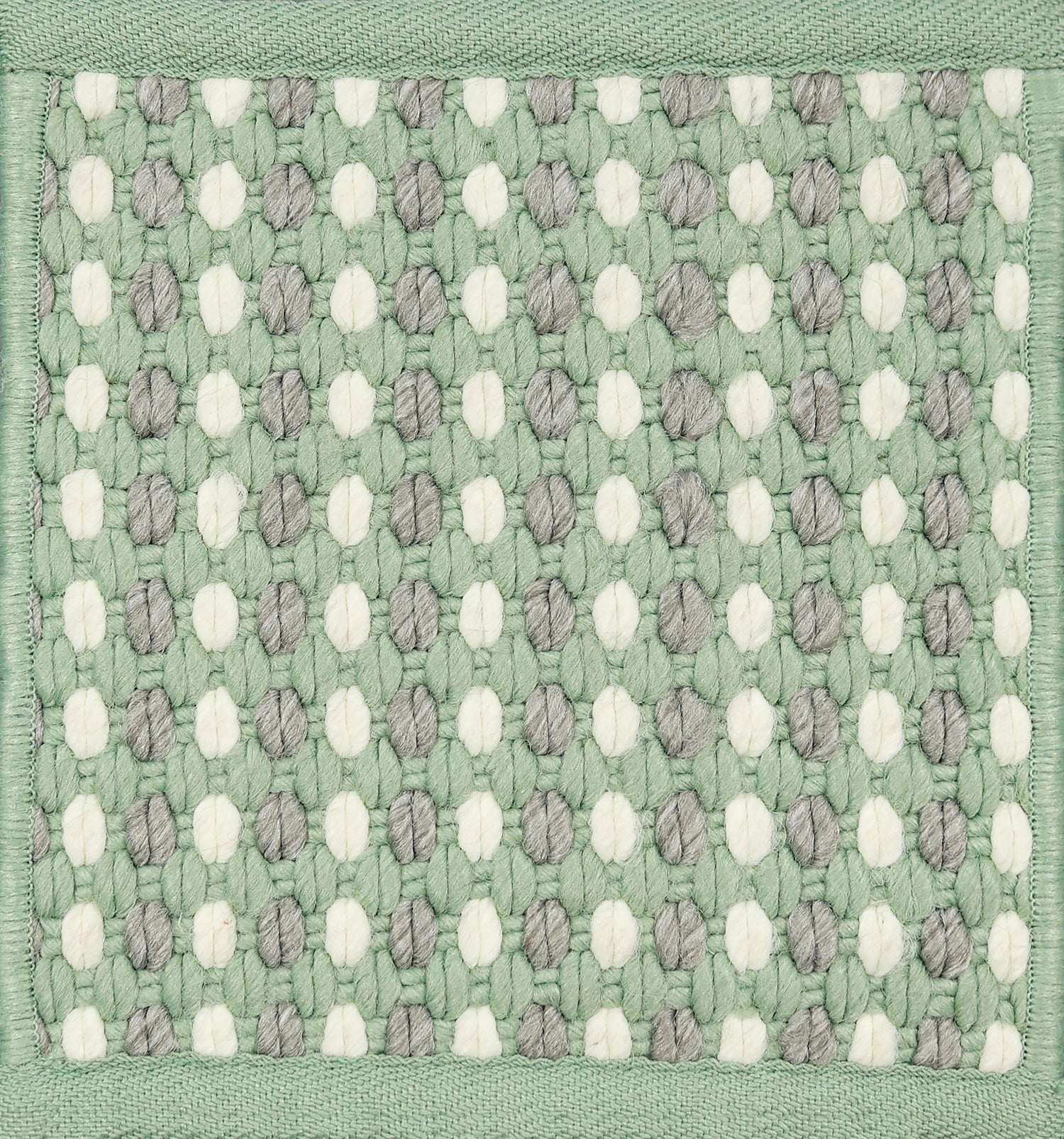 Textured woven outdoor carpet a dashed stripe in white, grey and green.