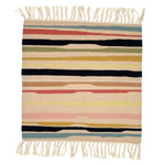 A flatwoven rug with a light tan ground and undulating stripes in medium blue, clay red, black, sage green, gold, tan, pale pink, and black.