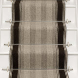 Striped flatweave runner in grey and black on white staircase