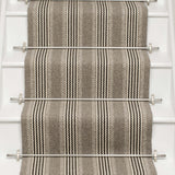 Striped flatweave runner in grey and black on white staircase