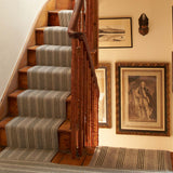 Striped flatweave runner in grey and black on wood staircase