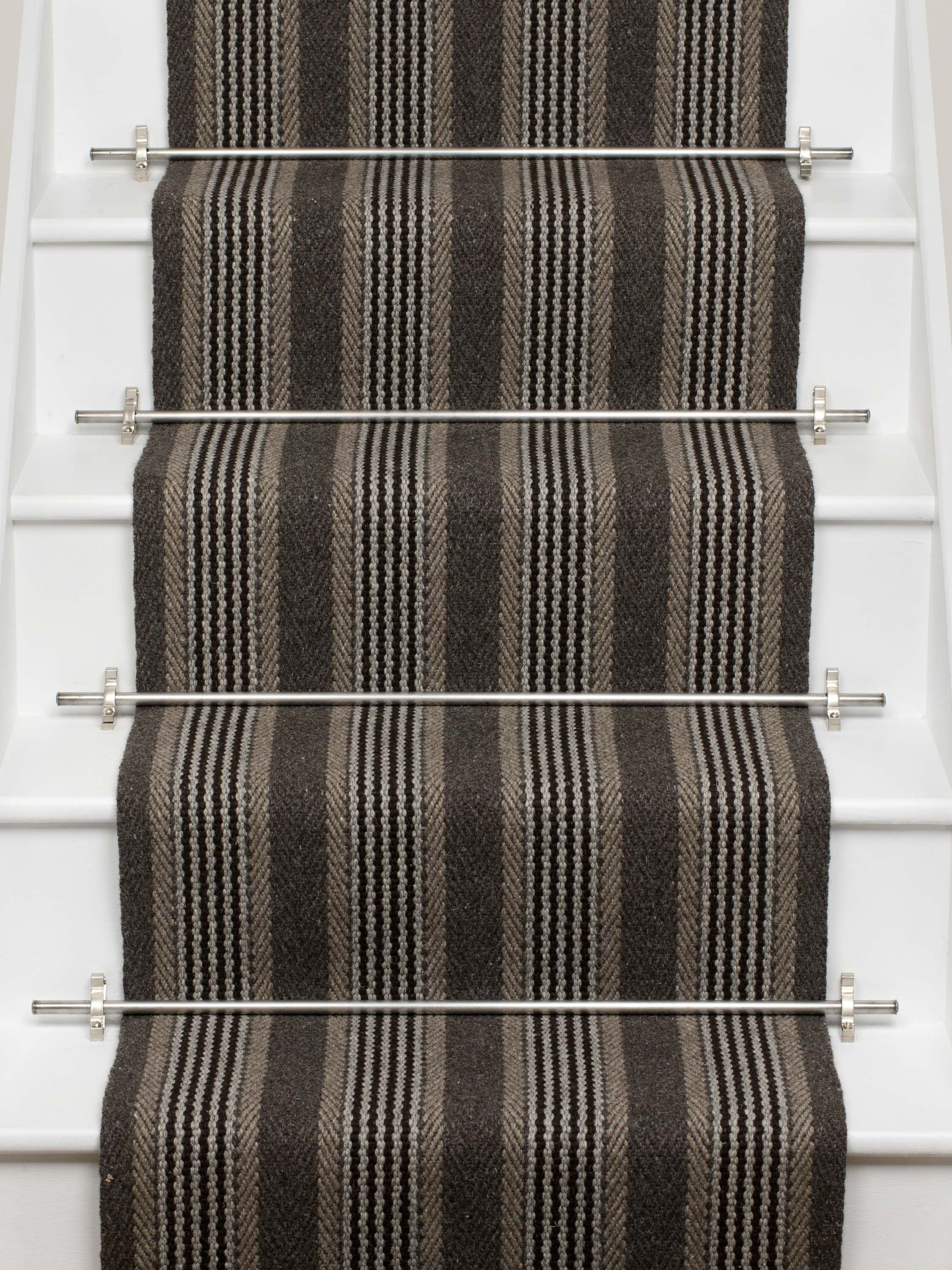 Striped flatweave runner in dark grey and black on white staircase