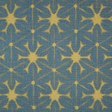 Detail of fabric in a shibori grid print in mustard on a navy field.