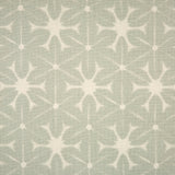 Detail of fabric in a shibori grid print in white on a gray field.