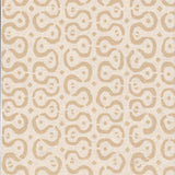 Detail of wallpaper in a curvilinear stripe pattern in tan on a cream field.