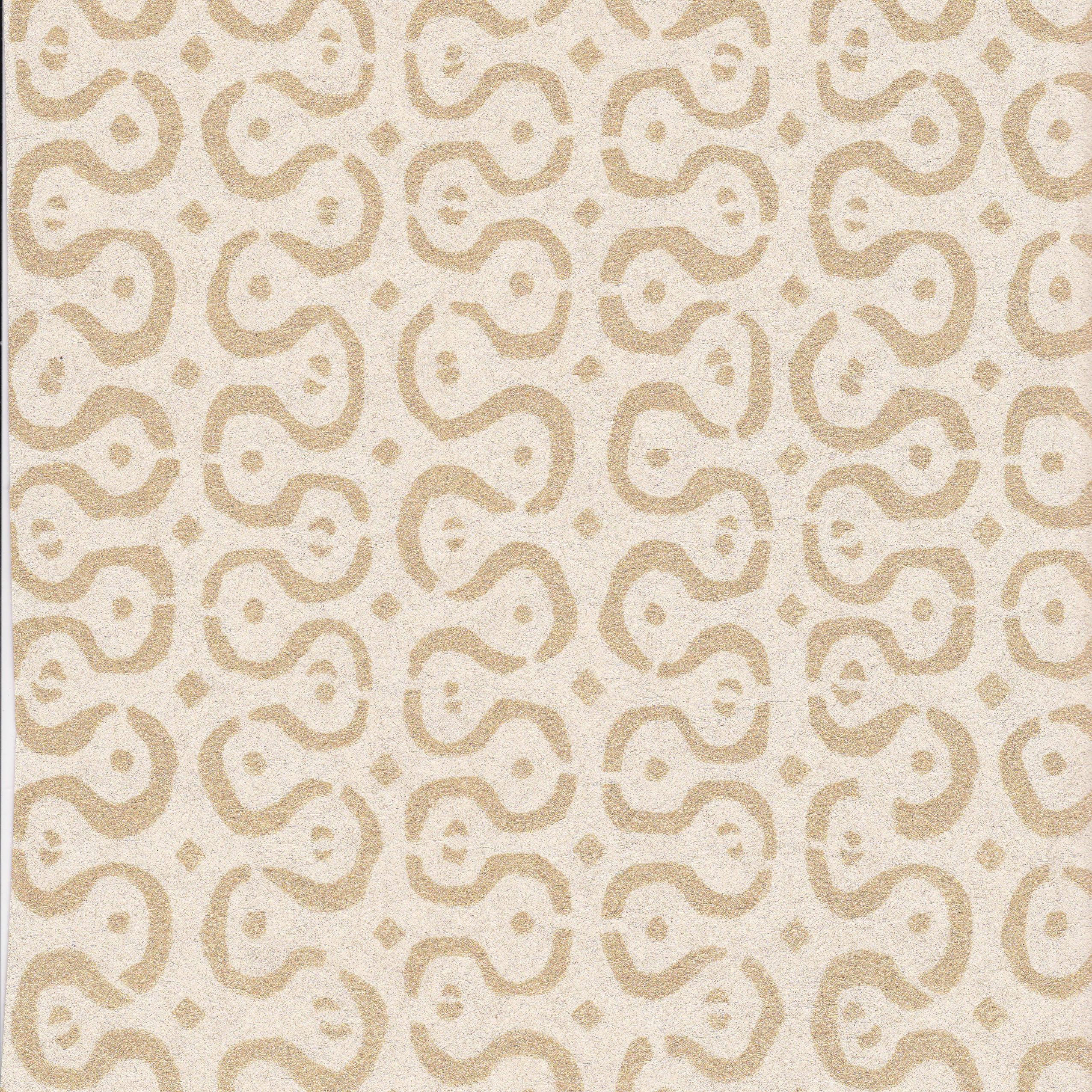 Detail of wallpaper in a curvilinear stripe pattern in tan on a cream field.