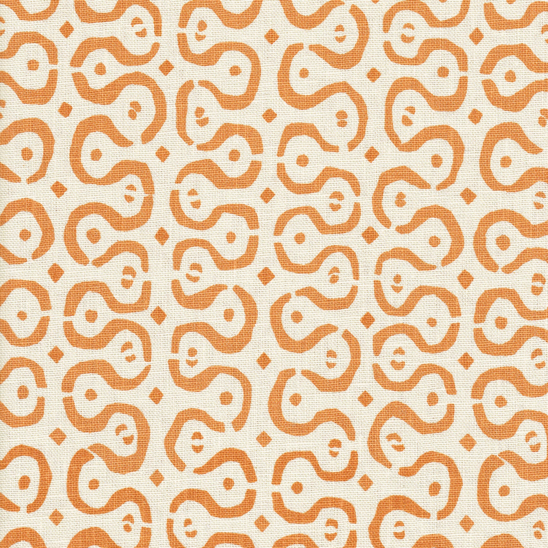 Detail of fabric in a curvilinear stripe pattern in orange on a cream field.