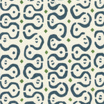 Detail of fabric in a curvilinear stripe pattern in navy and green on a cream field.