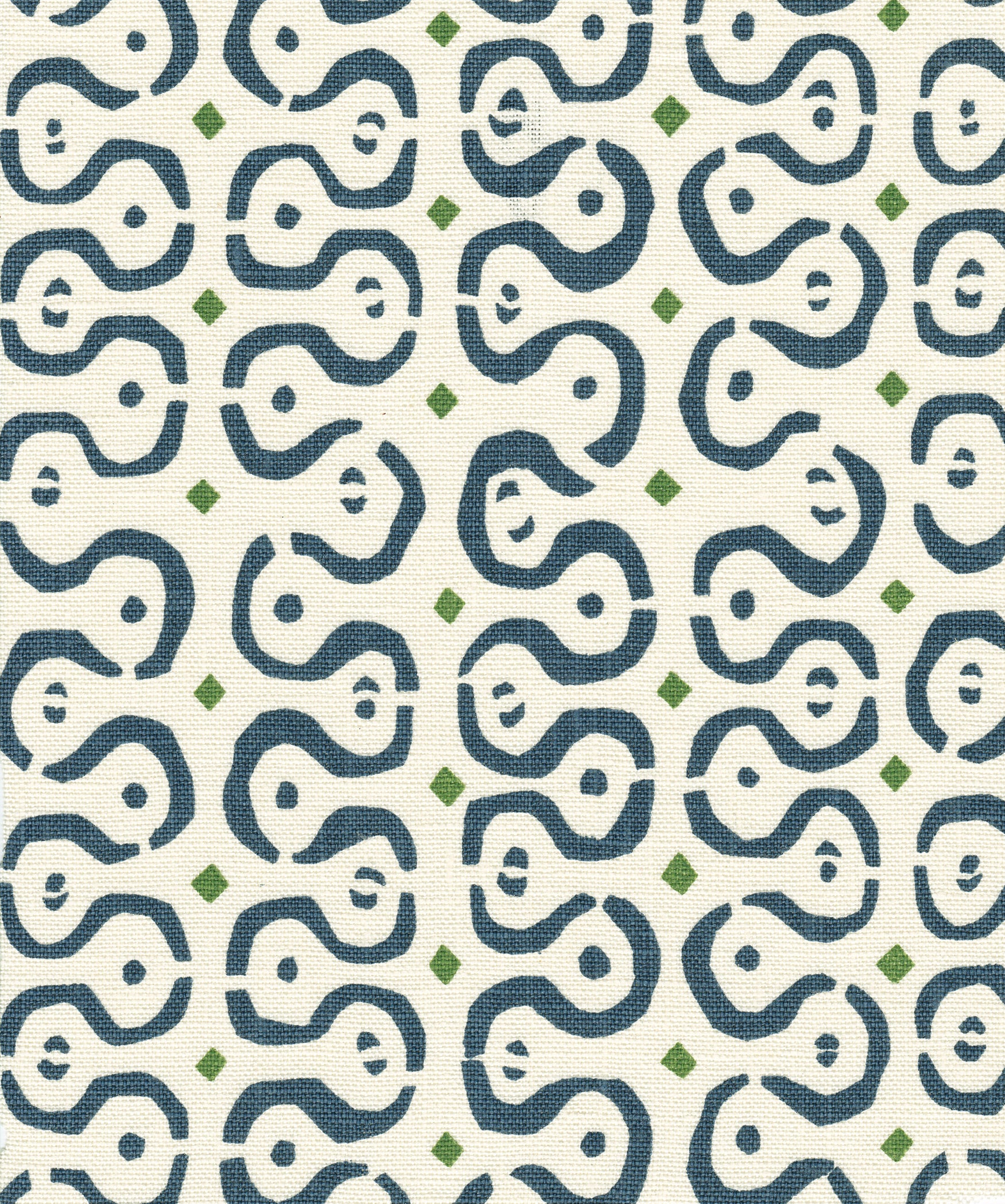 Detail of fabric in a curvilinear stripe pattern in navy and green on a cream field.