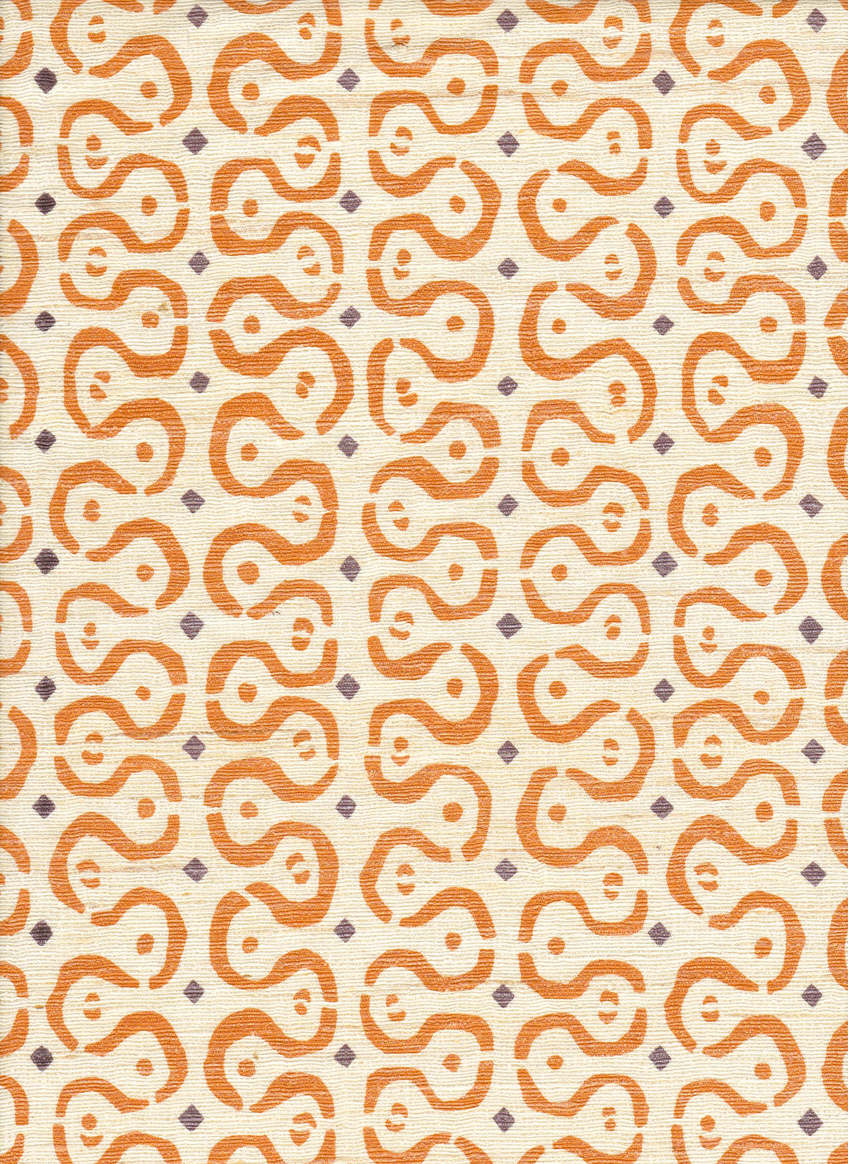 Detail of fabric in a curvilinear stripe pattern in orange and purple on a cream field.